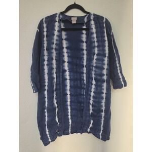 Chico's Open Cardigan Size 1P Boho Tie Dye Blue White Linen 3/4 Sleeve Sweater